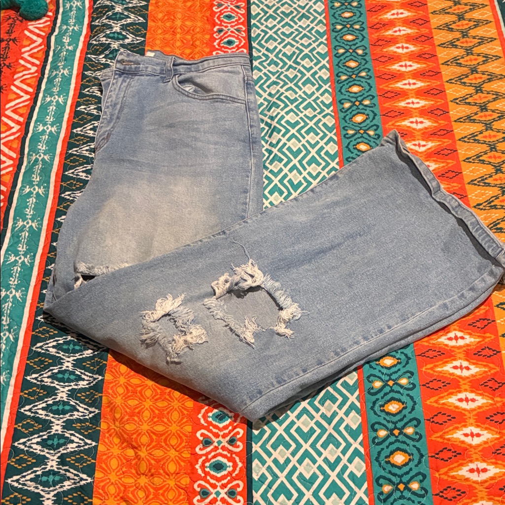 Vibrant Light Blue Distressed Flare Jeans